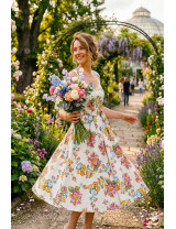 El Yapımı Çiçek Desenli Retro Tasarım Elbise - " Kalp Yaka Bahar Bahçesi"