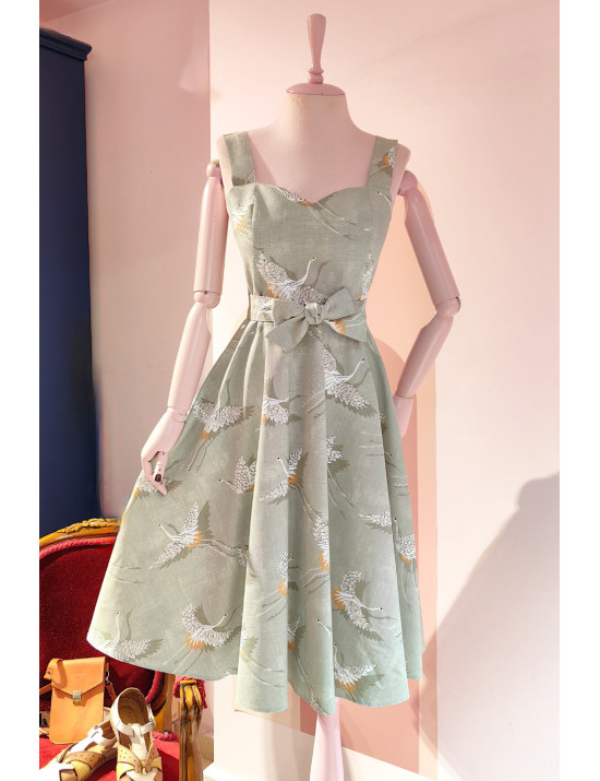 Turna Desenli El Yapımı Retro Adaçayı Yeşili Elbise | Craft and Boutique