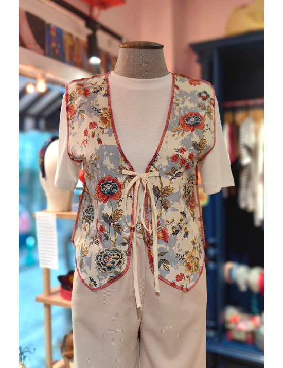 Vintage Çiçek Desenli Goblen Görünümlü Tasarım Bağlamalı Yelek