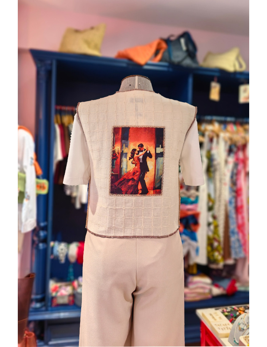 Keten Sanat Yeleği | Sırt Detaylı, Tango Baskılı, Bohem Kadın Yelek | Craft and Boutique