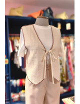 Keten Sanat Yeleği - Sırt Detaylı, "Tango Dansı" Baskılı, El Yapımı Bohem Yelek