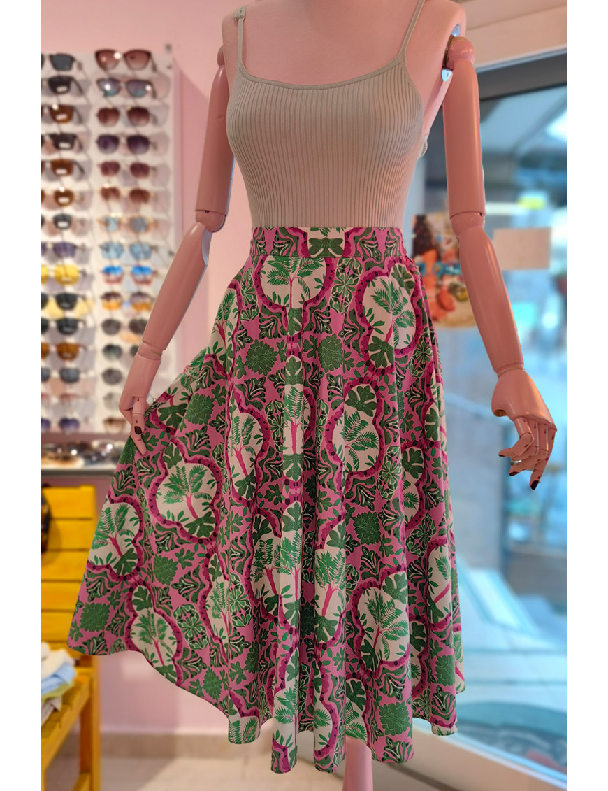 Desenli Poplin Etek - Pembe Yeşil Retro Tasarım | Craft and Boutique