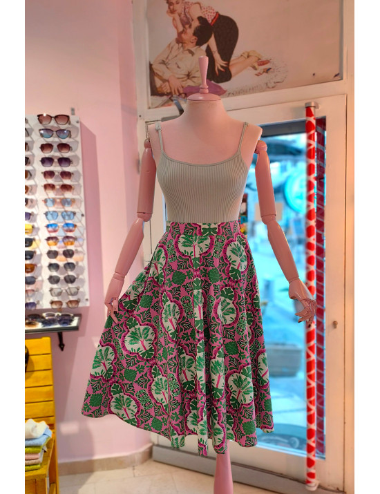 Pembe ve Yeşil Egzotik Desenli Poplin Kloş Tasarım Etek