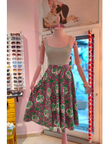 Pembe ve Yeşil Egzotik Desenli Poplin Kloş Tasarım Etek