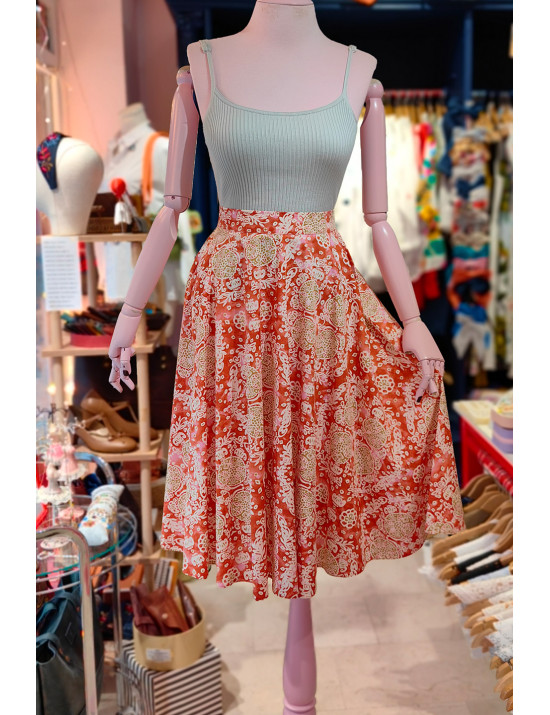 Turuncu Etnik Desenli Kloş Poplin Etek - Vintage Esintili Yüksek Bel Tasarım