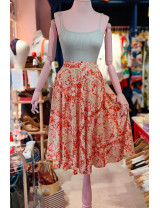 Turuncu Etnik Desenli Kloş Poplin Etek - Vintage Esintili Yüksek Bel Tasarım