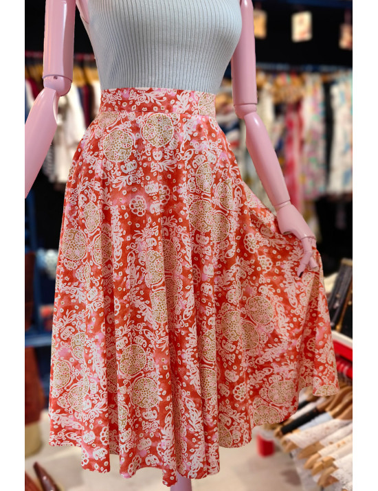 Turuncu Etnik Desenli Poplin Kloş Etek | Craft and Boutique