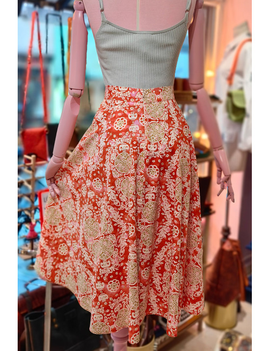 Turuncu Etnik Desenli Poplin Kloş Etek | Craft and Boutique