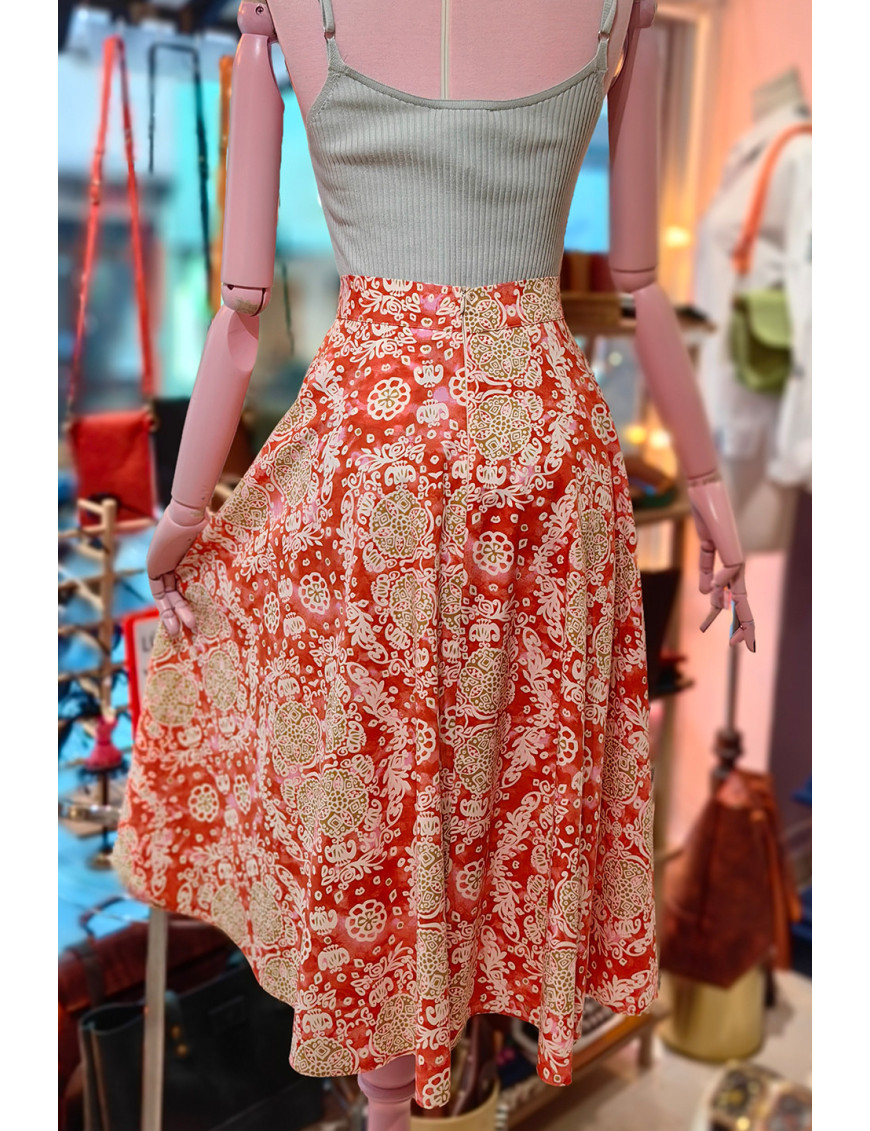 Turuncu Etnik Desenli Poplin Kloş Etek | Craft and Boutique