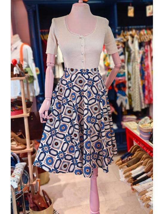 Mavi Geometrik Çiçek Desenli Kloş Poplin Tasarım Etek - Vintage Stil Yüksek Bel Tasarım