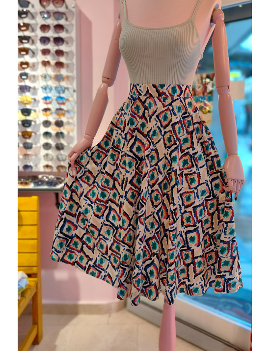 Çok Renkli Geometrik Desenli Poplin Kloş Etek | Craft and Boutique