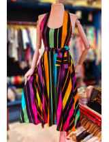 Sırt Dekolteli Renkli Çizgili Tasarım Elbise