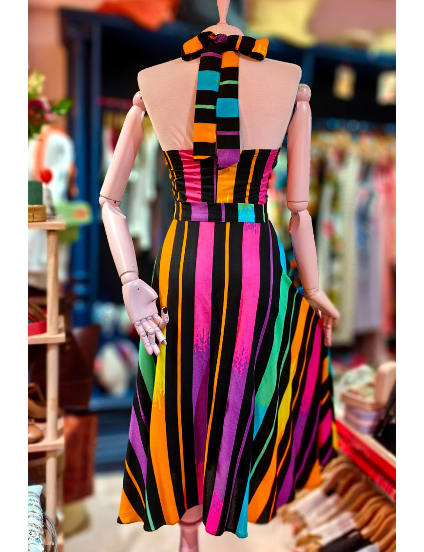 Sırt Dekolteli Renkli Çizgili Tasarım Elbise| Craft and Boutique