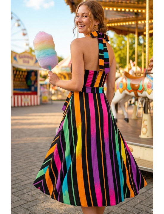 Sırt Dekolteli Renkli Çizgili Tasarım Elbise| Craft and Boutique