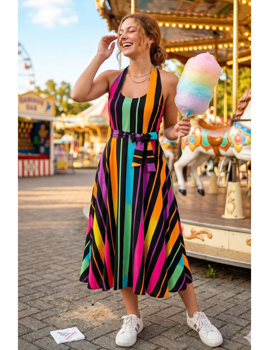 Sırt Dekolteli Renkli Çizgili Tasarım Elbise