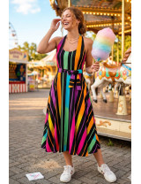 Sırt Dekolteli Renkli Çizgili Tasarım Elbise