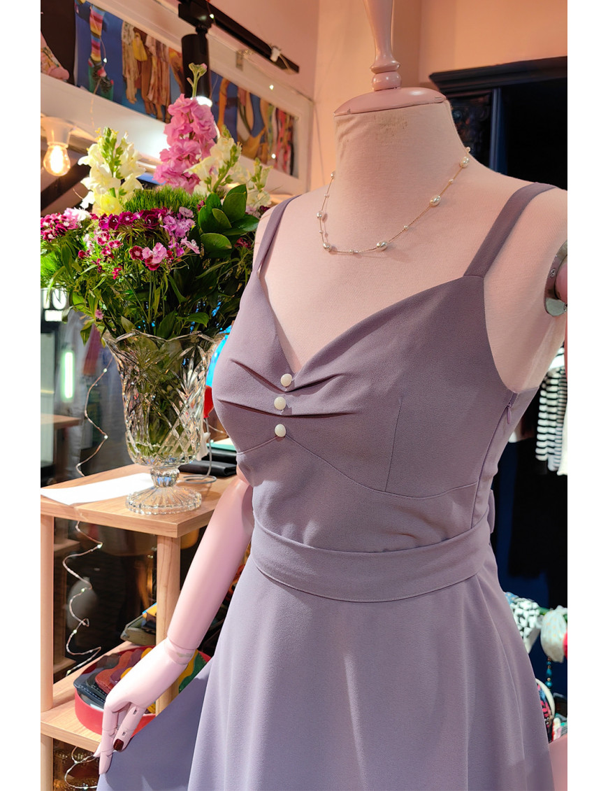 Leylak Rengi İnci Detaylı Retro Askılı Elbise - Craft and Boutique