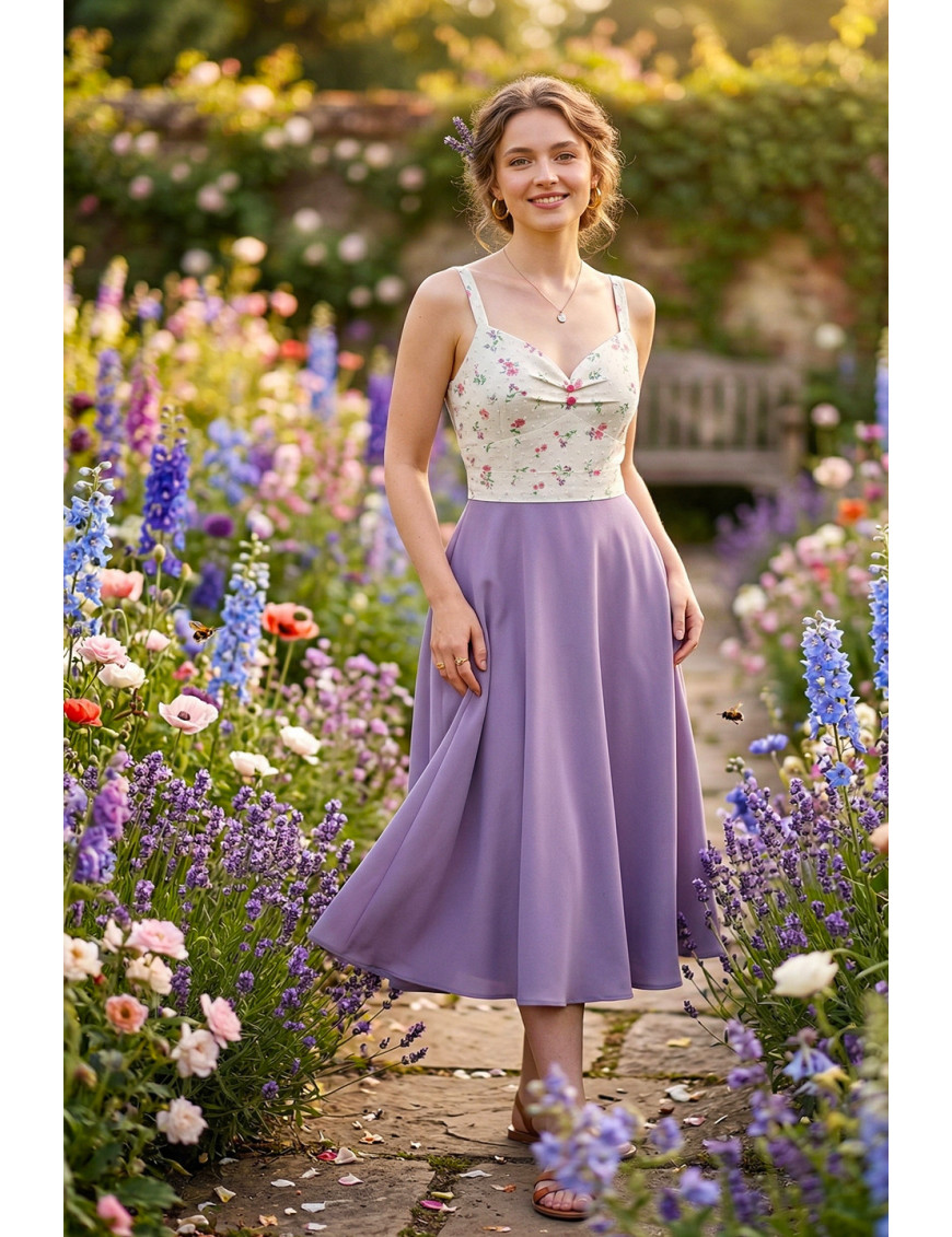 Çiçekli Fisto Üstlü Leylak Rengi Midi Boy  Tasarım Elbise