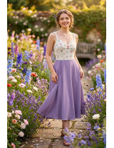 Çiçekli Fisto Üstlü Leylak Rengi Midi Boy  Tasarım Elbise