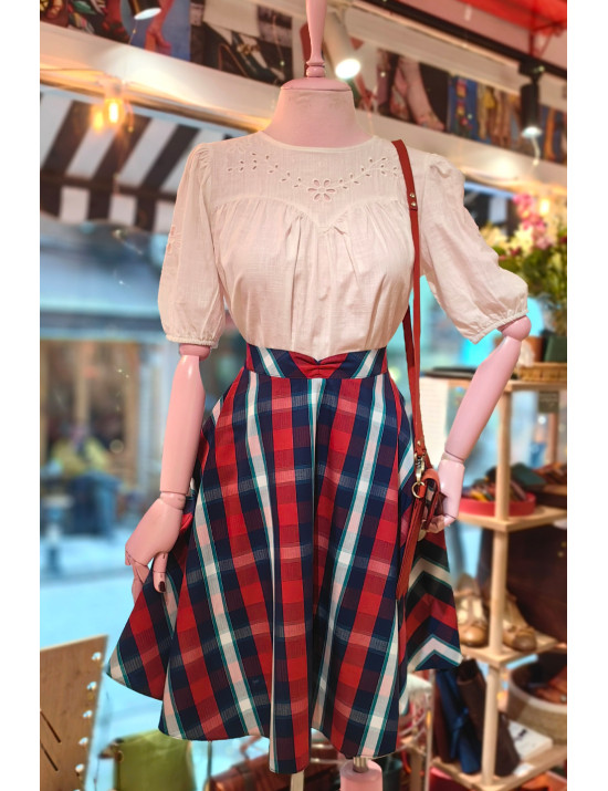 Kırmızı Lacivert Ekose Desenli Yüksek Bel Kloş Mini Tasarım Etek
