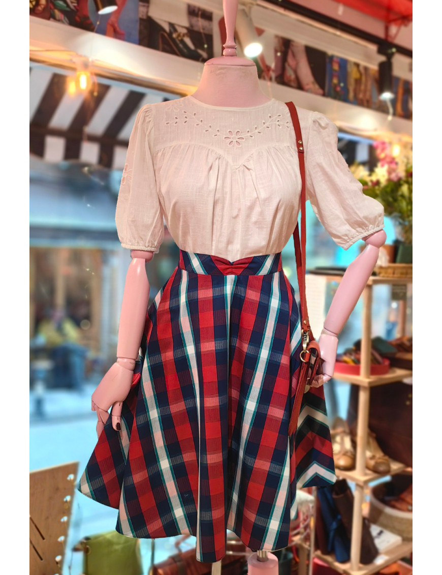 Kırmızı Lacivert Ekose Desenli Yüksek Bel Kloş Mini Tasarım Etek