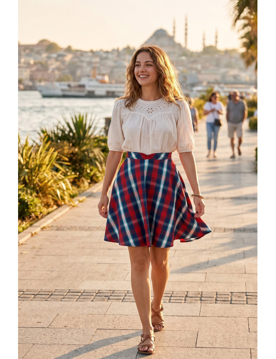 Kırmızı Lacivert Ekose Desenli Yüksek Bel Kloş Mini Tasarım Etek