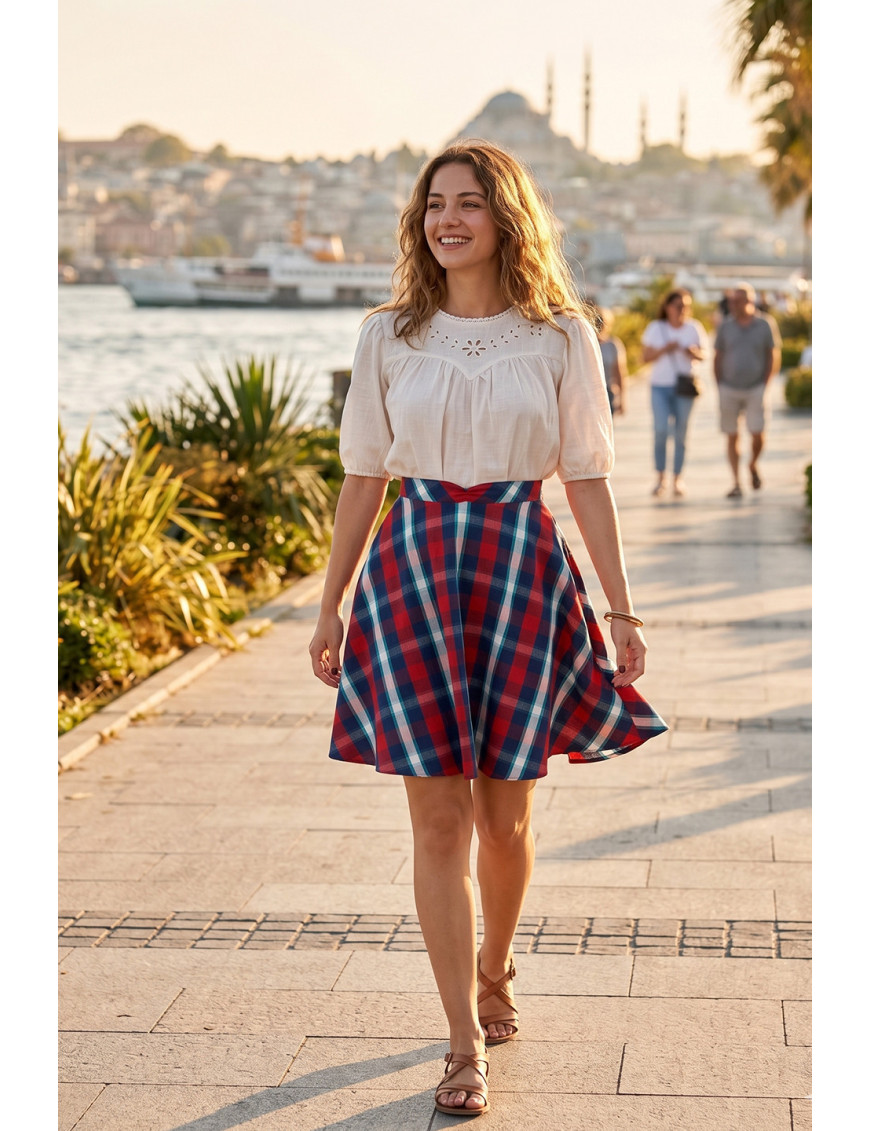 Kırmızı Lacivert Ekose Desenli Yüksek Bel Kloş Mini Tasarım Etek