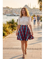 Kırmızı Lacivert Ekose Desenli Yüksek Bel Kloş Mini Tasarım Etek