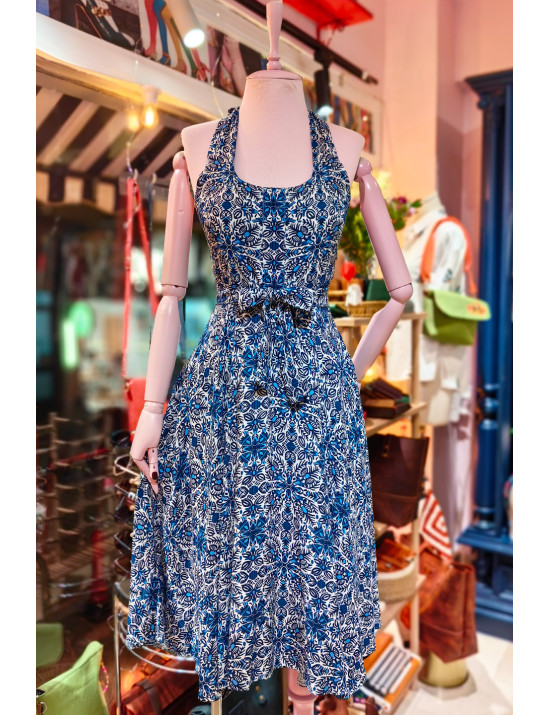 Mavi Etnik Desenli Boyundan Bağlamalı Tasarım Elbise - Craft and Boutique