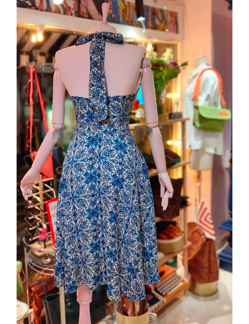 Mavi Etnik Desenli Boyundan Bağlamalı Tasarım Elbise - Craft and Boutique