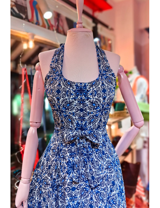 Mavi Etnik Desenli Boyundan Bağlamalı Tasarım Elbise - Craft and Boutique