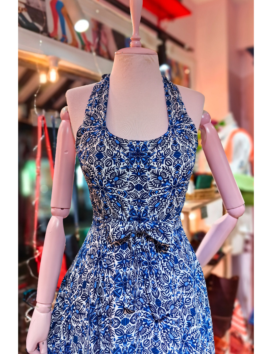 Mavi Etnik Desenli Boyundan Bağlamalı Tasarım Elbise - Craft and Boutique