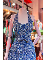 Mavi Etnik Desenli Boyundan Bağlamalı Tasarım Elbise - Craft and Boutique