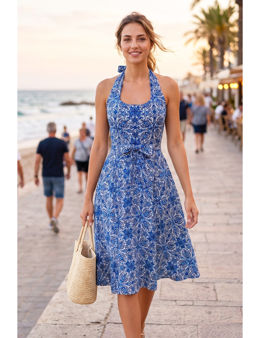 Mavi Etnik Desenli Boyundan Bağlamalı Tasarım Elbise - Craft and Boutique