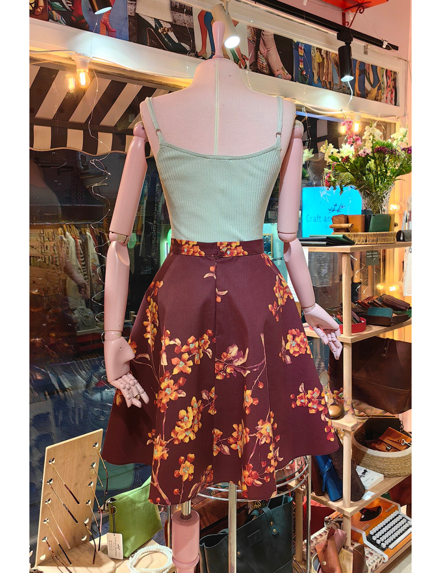 Bordo Çiçekli Vintage/Retro Kloş Tasarım Etek | Craft and Boutique