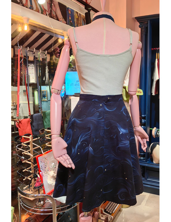 Gece Mavisi Desenli Kloş Etek | Sanatsal Tasarım