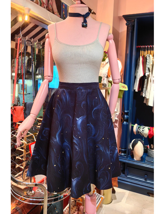 Gece Mavisi Sanatsal Desenli Yüksek Bel Kloş Tasarım Etek – Starry Style