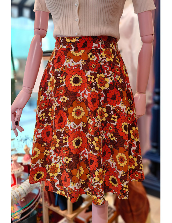 70'ler Retro Esintili Yüksek Bel Çiçekli Mini Tasarım Etek – Gün Batımı Turuncusu