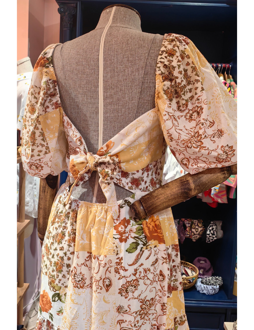 Romantik Çiçekli Patchwork Elbise | Kare Yaka Puff Kol Yazlık Modeller