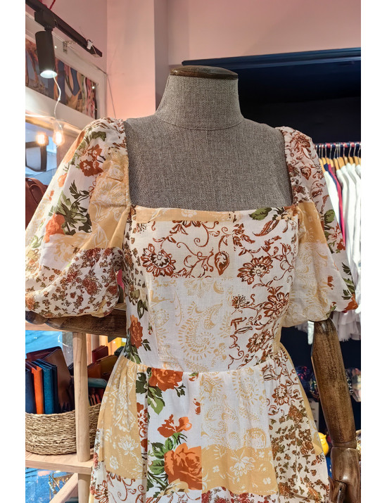 Romantik Çiçekli Patchwork Elbise | Kare Yaka Puff Kol Yazlık Modeller