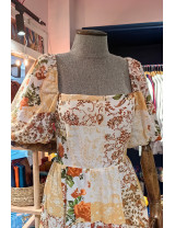 Romantik Çiçekli Patchwork Elbise | Kare Yaka Puff Kol Yazlık Modeller