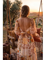 Romantik Çiçekli Patchwork Elbise | Kare Yaka Puff Kol Yazlık Modeller