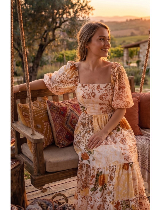 Romantik Çiçekli Patchwork Elbise | Kare Yaka Puff Kol Yazlık Modeller
