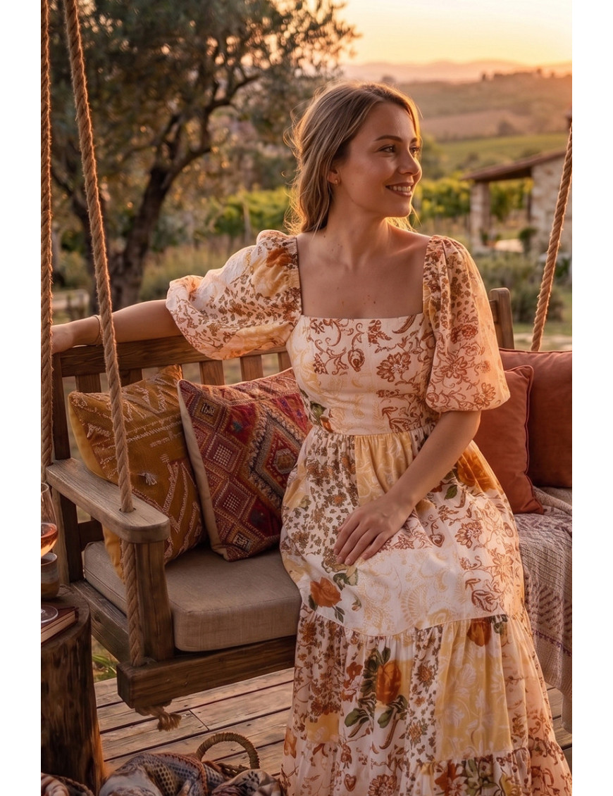 Romantik Çiçekli Patchwork Elbise | Kare Yaka Puff Kol Yazlık Modeller
