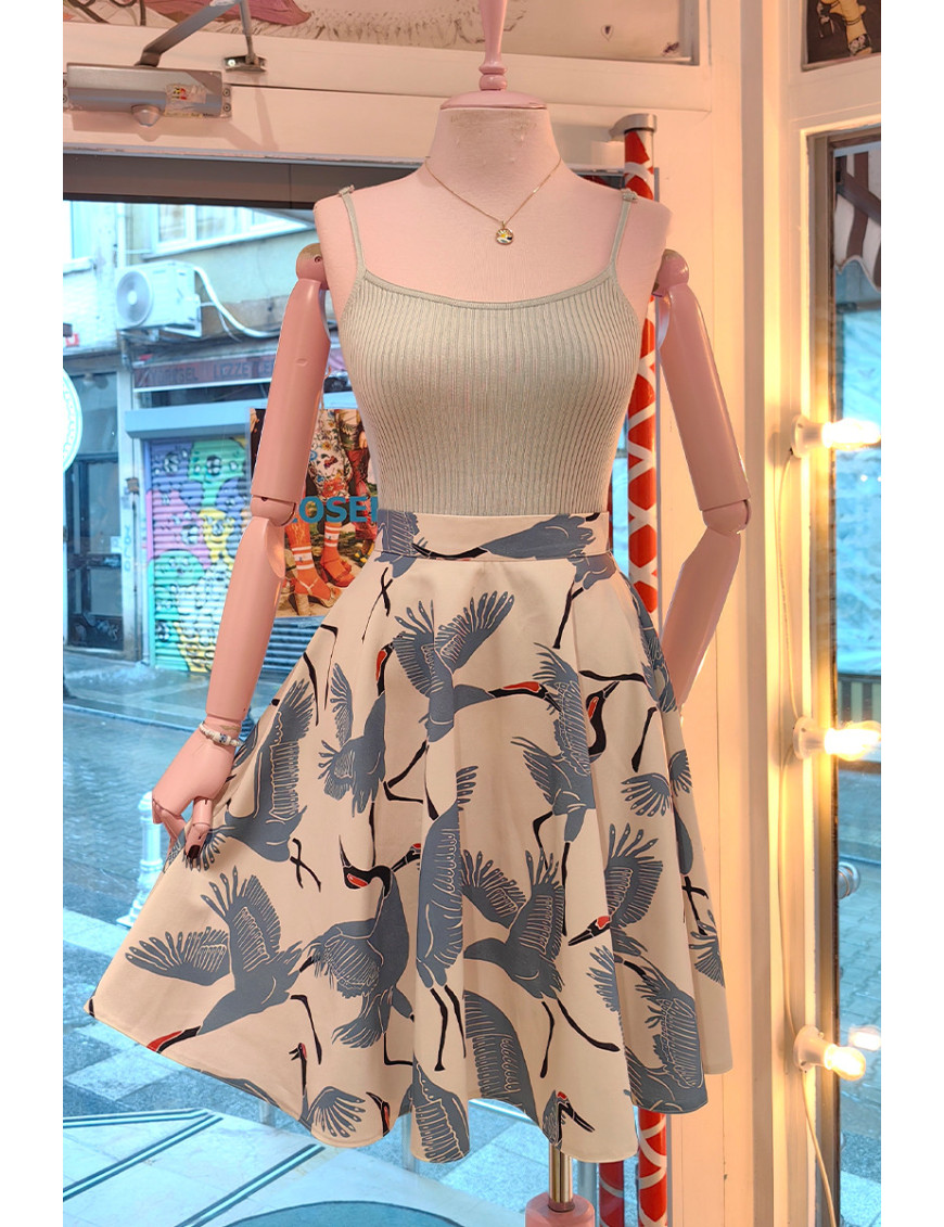 Turna Kuşu Desenli Tasarım Kloş Etek - Craft and Boutique