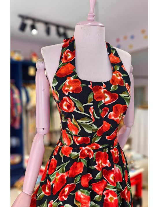 Retro Halter Yaka Çiçekli Tasarım Elbise - Siyah & Kırmızı Lale Desenli