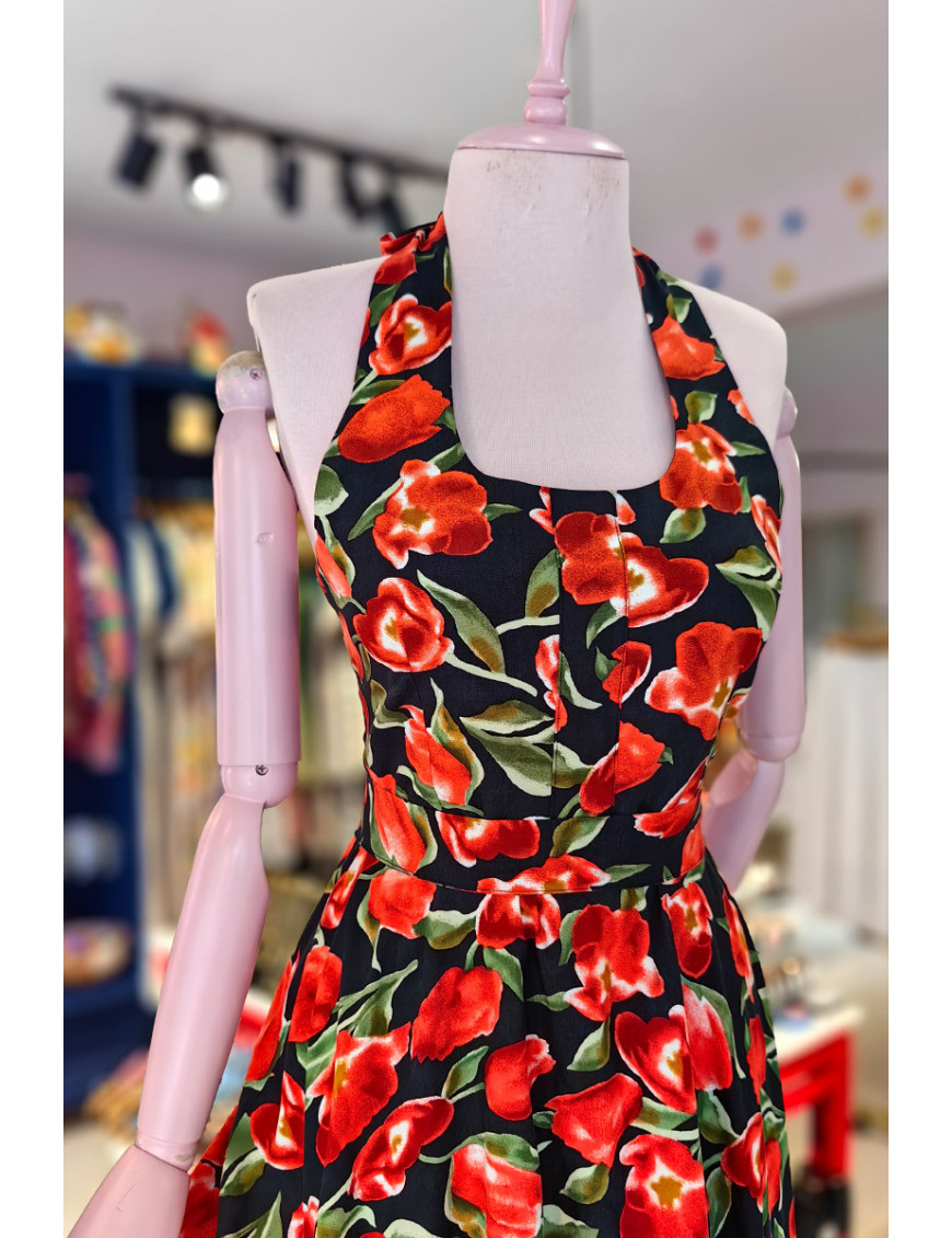 Retro Halter Yaka Çiçekli Tasarım Elbise - Siyah & Kırmızı Lale Desenli