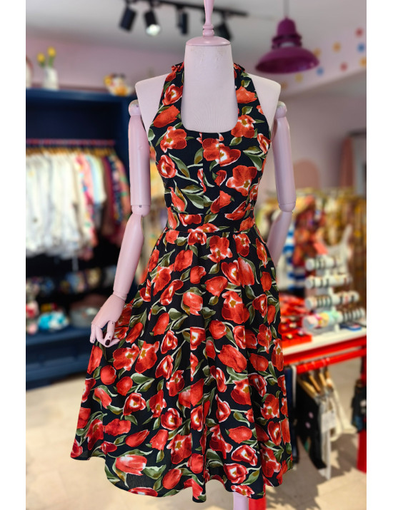 Retro Halter Yaka Çiçekli Tasarım Elbise - Siyah & Kırmızı Lale Desenli