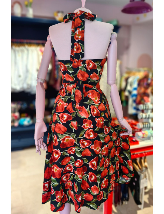 Retro Halter Yaka Çiçekli Tasarım Elbise - Siyah & Kırmızı Lale Desenli
