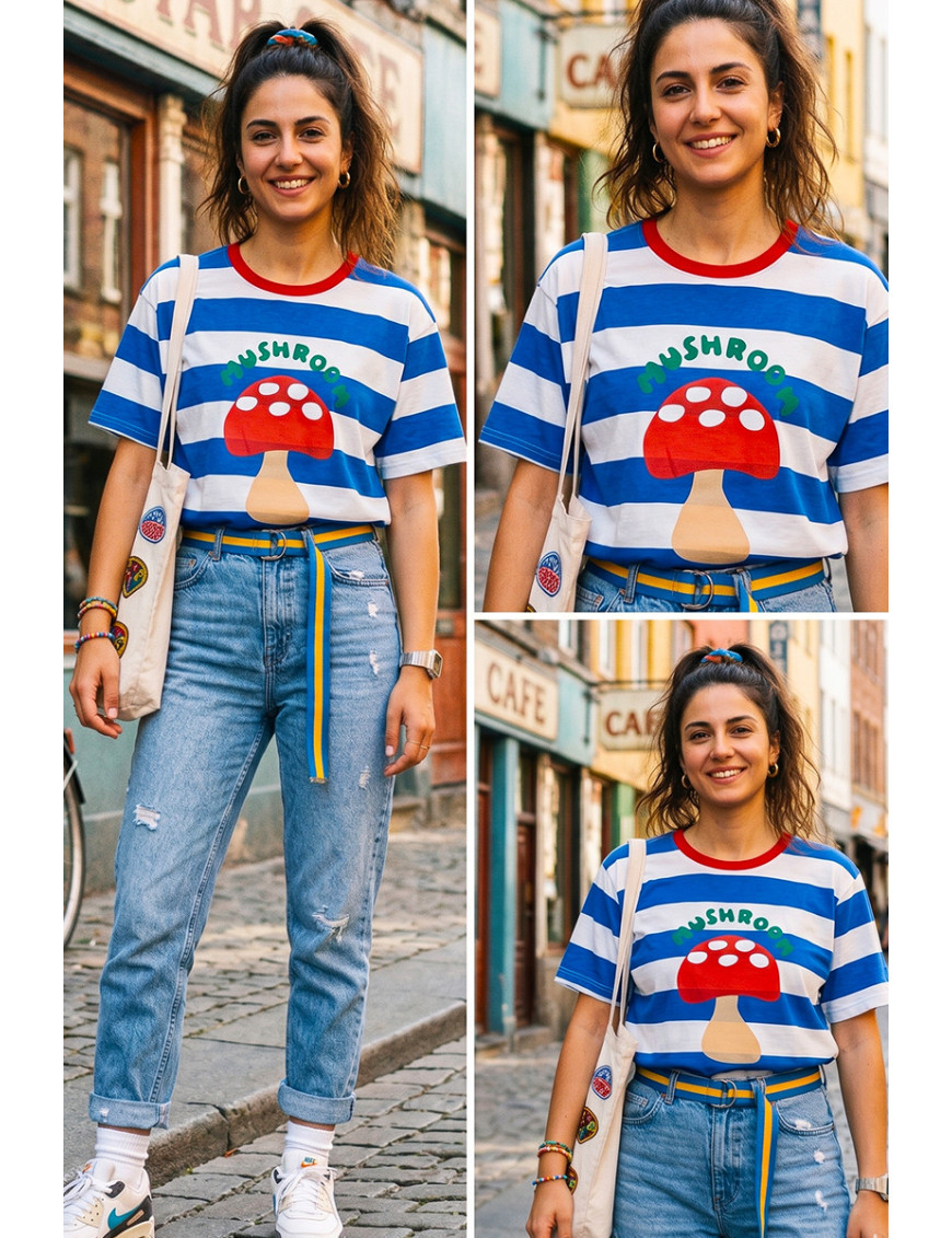 Vintage Çizgili Mantar Baskılı Oversize Tişört |Craft and Boutique Handmade